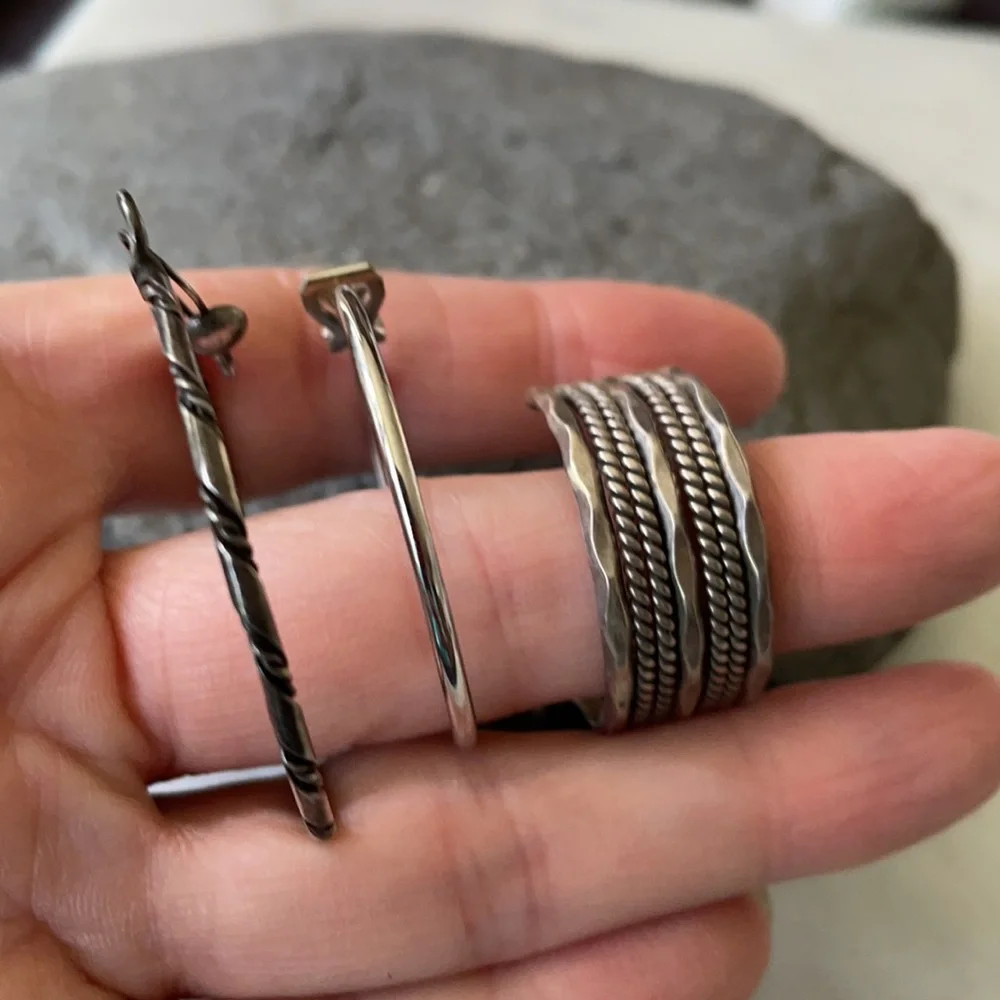 Native American Three Solo Sterling Cuff and Hoops Earrings